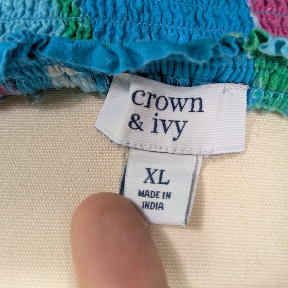 Crown Ivy Maxi Dress XL Blue Pink Ikat Smocked Tie Tiered Swiss Dot Beach Preppy - Picture 13 of 14